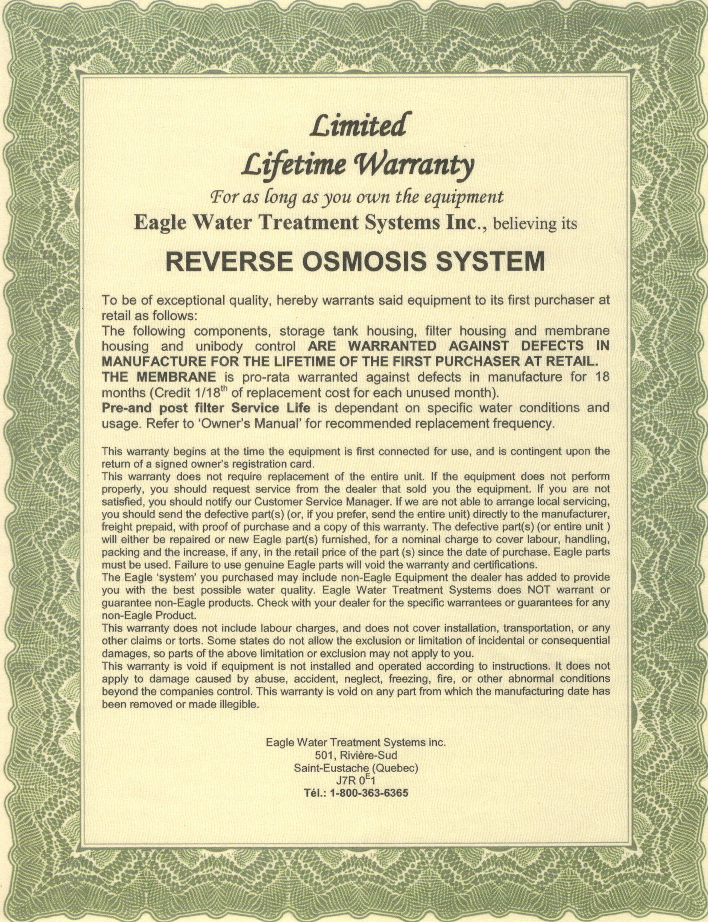 Warranty Reverse Osmosis System Eagle Water Treatment Systems